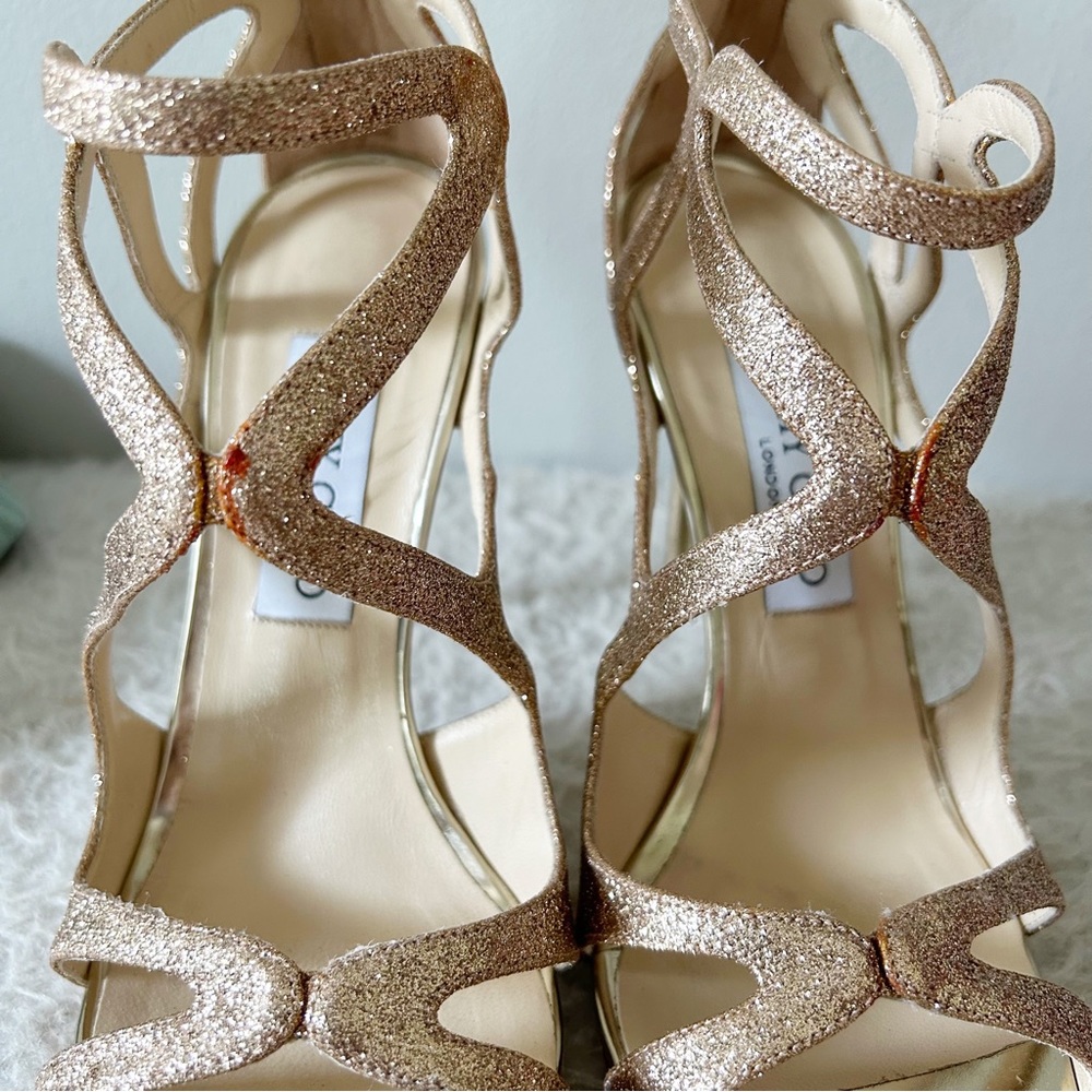 Jimmy Choo Leslie Gold Champagne Glitter Strappy Caged Heels Sandals Size EU 38 - Picture 11 of 14